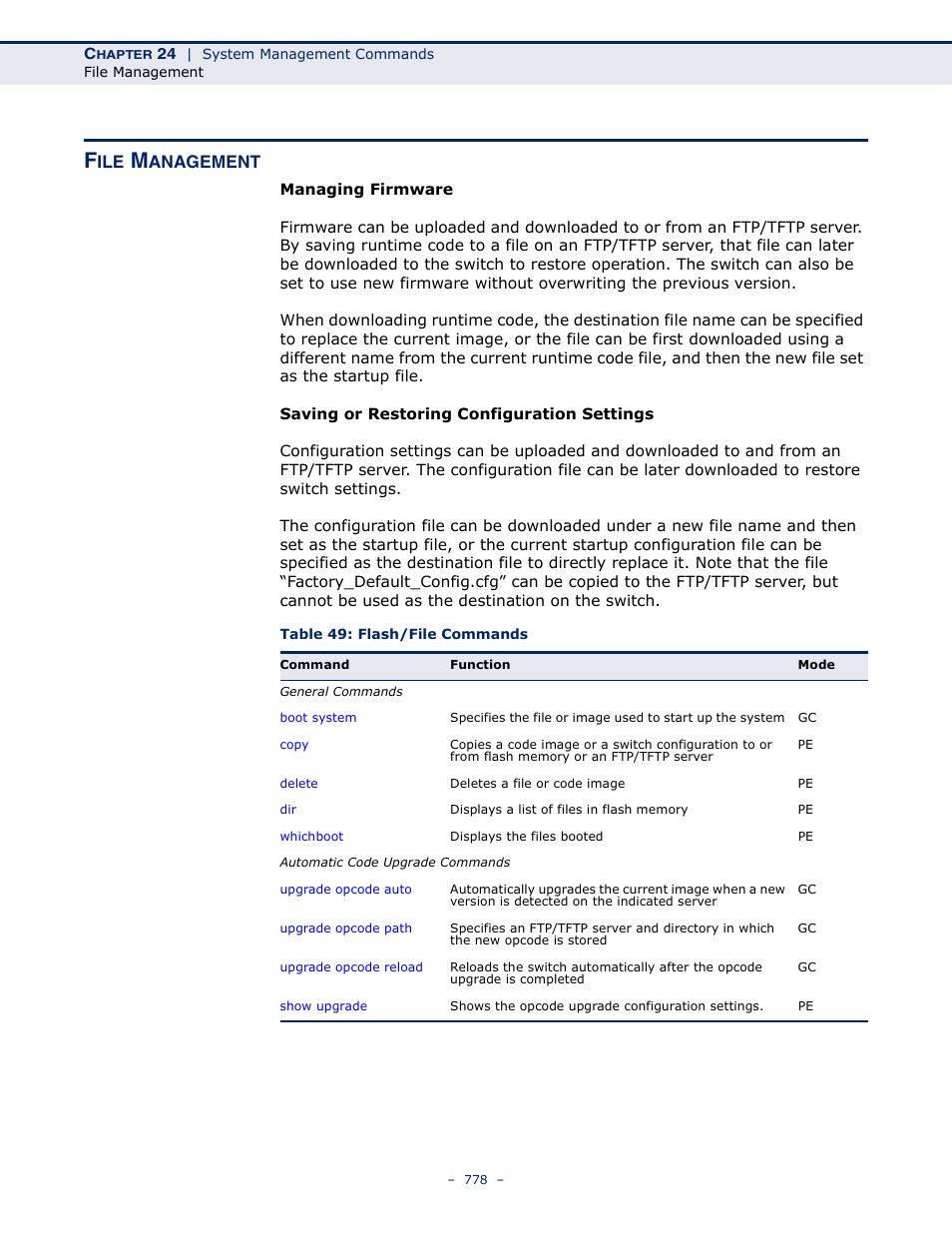 File management, Table 49: flash/file commands, Anagement | LevelOne GTL-2691 User Manual | Page 778 / 1644