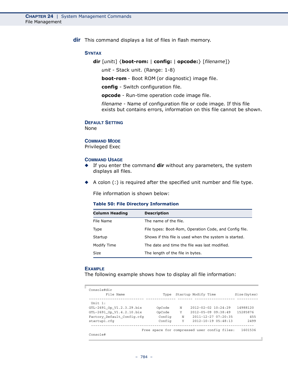 Dir 784, Table 50: file directory information | LevelOne GTL-2691 User Manual | Page 784 / 1644