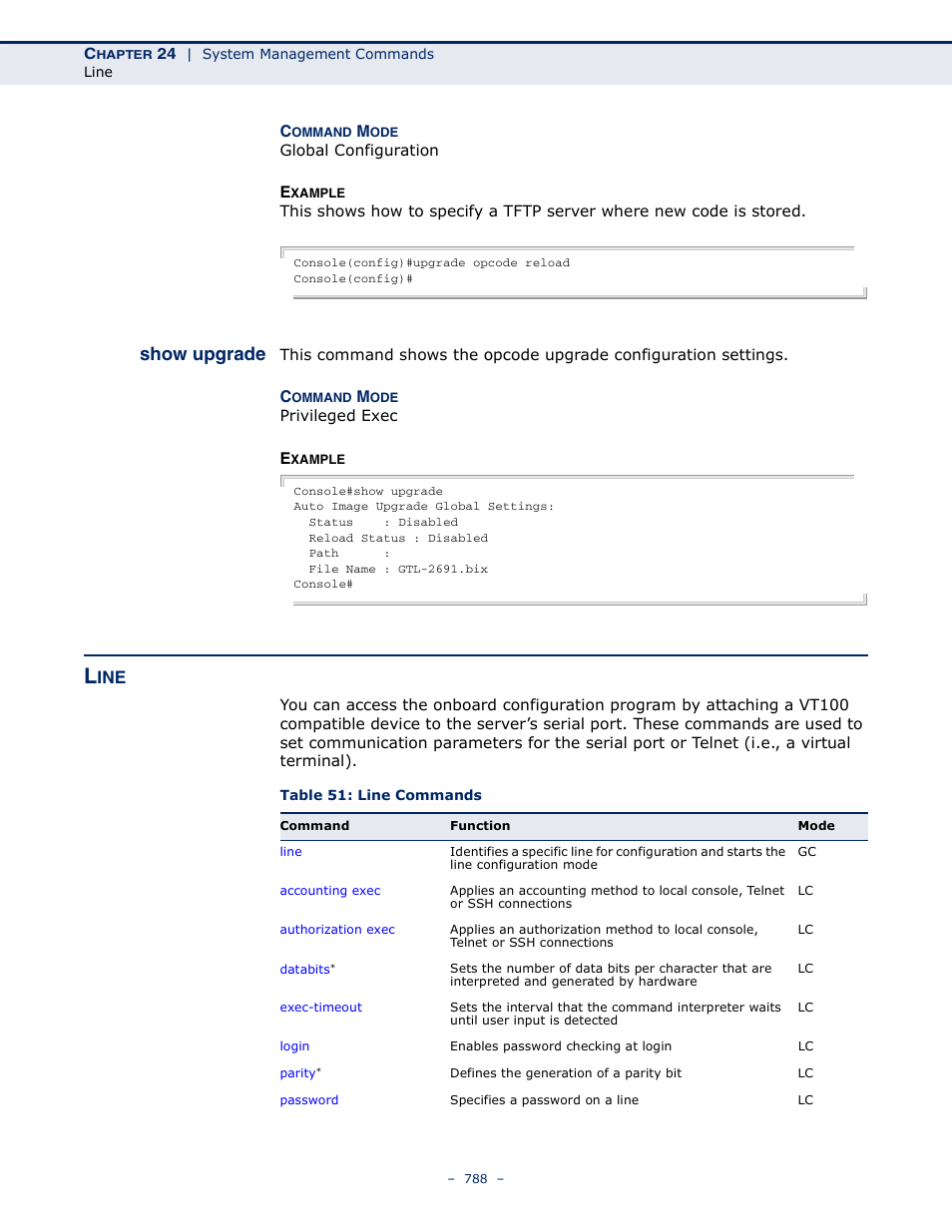 Show upgrade, Line, Table 51: line commands | LevelOne GTL-2691 User Manual | Page 788 / 1644