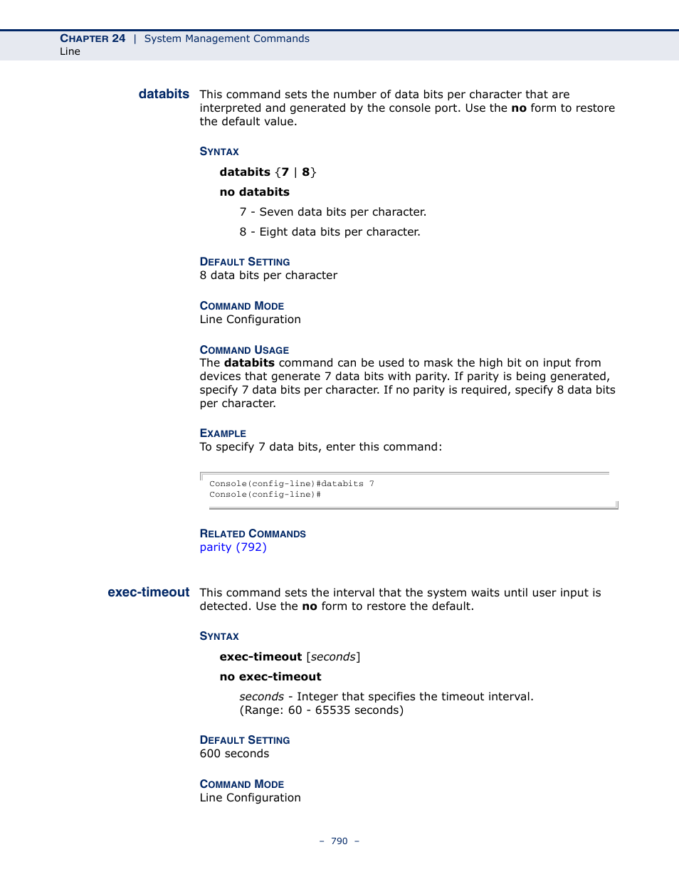 Databits, Exec-timeout, Databits 790 exec-timeout 790 | LevelOne GTL-2691 User Manual | Page 790 / 1644