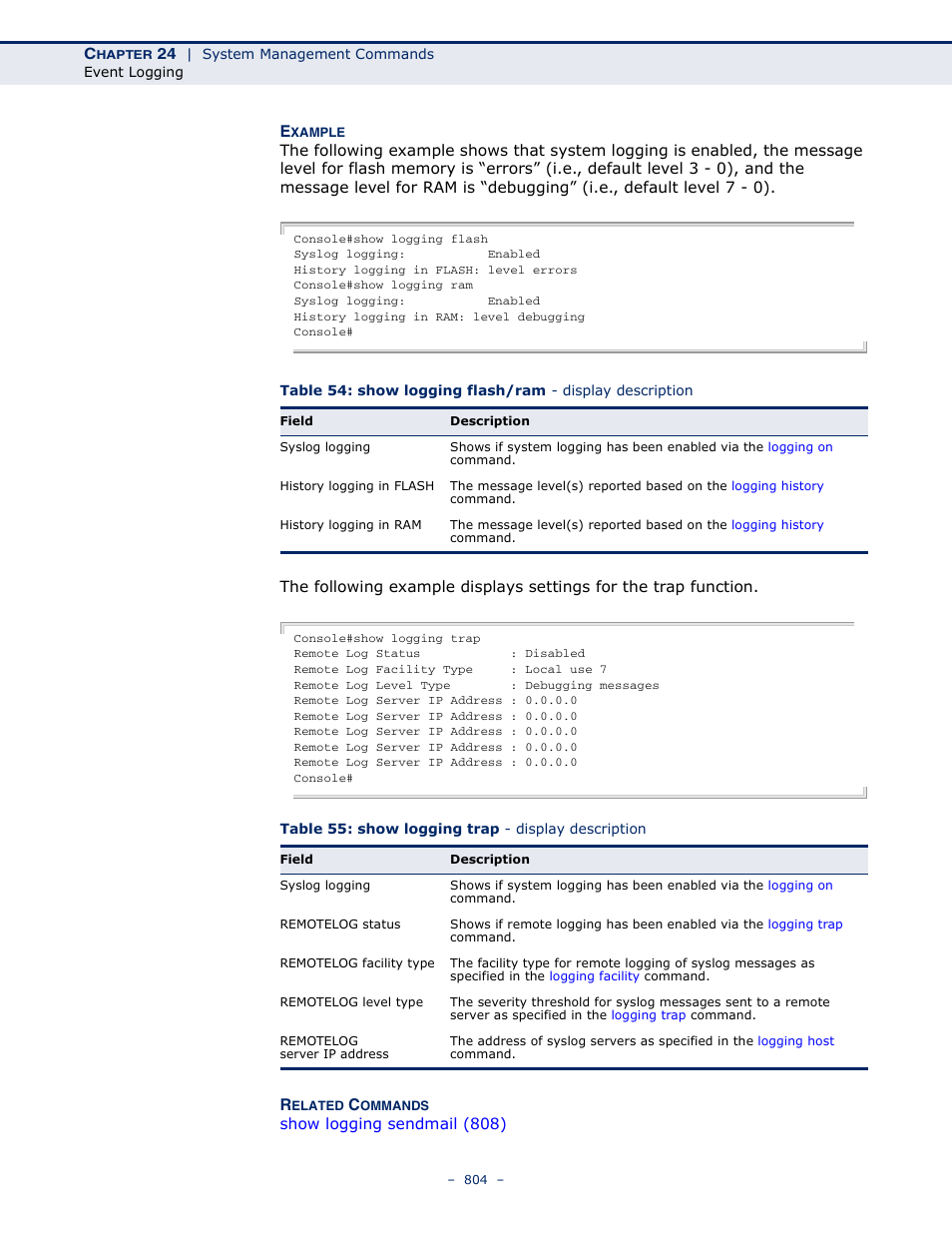 Table 55: show logging trap - display description | LevelOne GTL-2691 User Manual | Page 804 / 1644