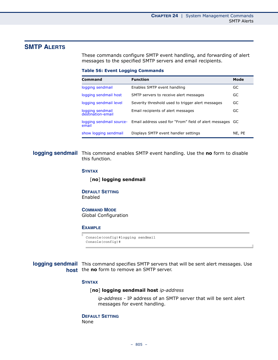 Smtp alerts, Logging sendmail, Logging sendmail host | Table 56: event logging commands, Smtp a | LevelOne GTL-2691 User Manual | Page 805 / 1644