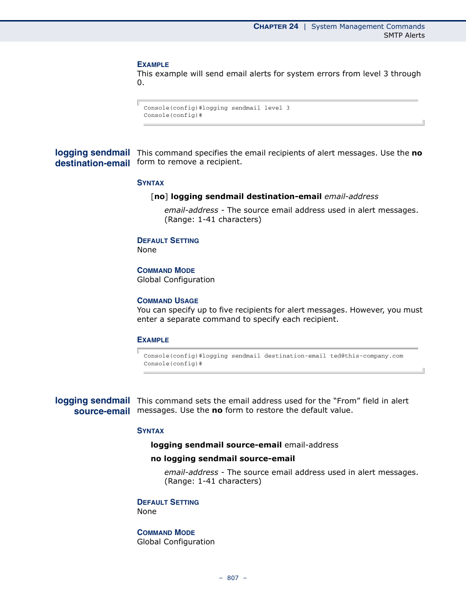 Logging sendmail destination-email, Logging sendmail source-email, Logging sendmail | Destination-email, Logging sendmail source, Email | LevelOne GTL-2691 User Manual | Page 807 / 1644