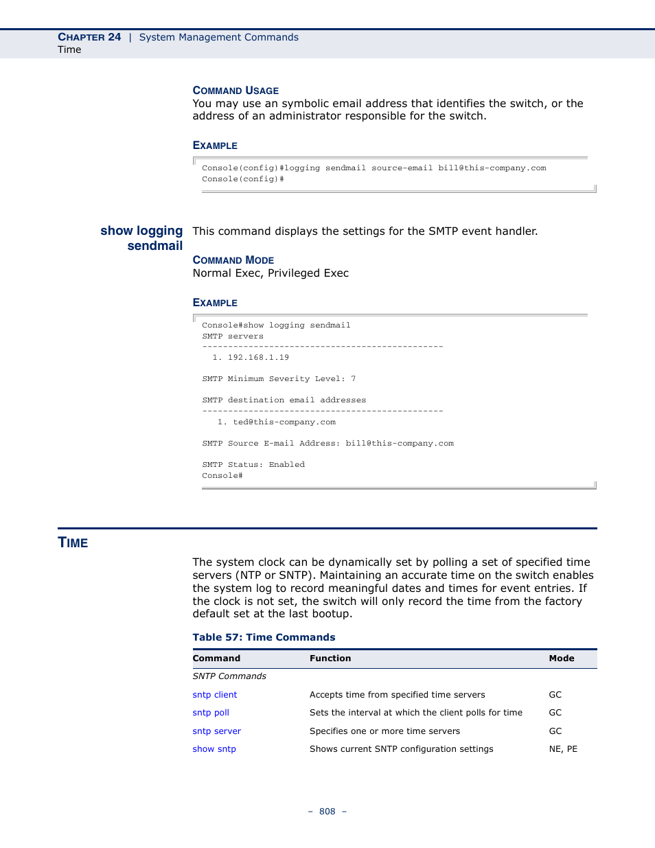 Show logging sendmail, Time, Table 57: time commands | Show logging sendmail (808) | LevelOne GTL-2691 User Manual | Page 808 / 1644