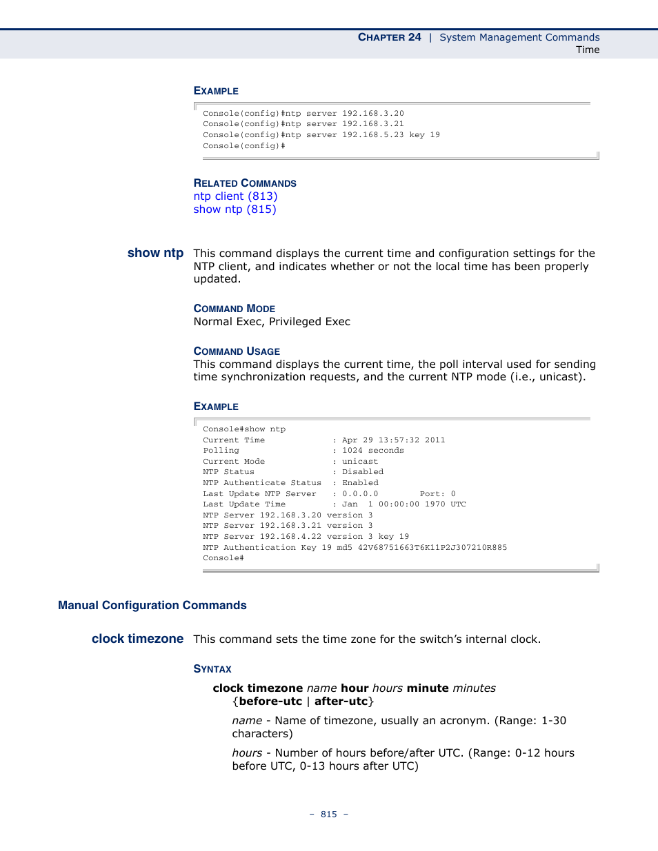 Show ntp, Manual configuration commands, Clock timezone | LevelOne GTL-2691 User Manual | Page 815 / 1644