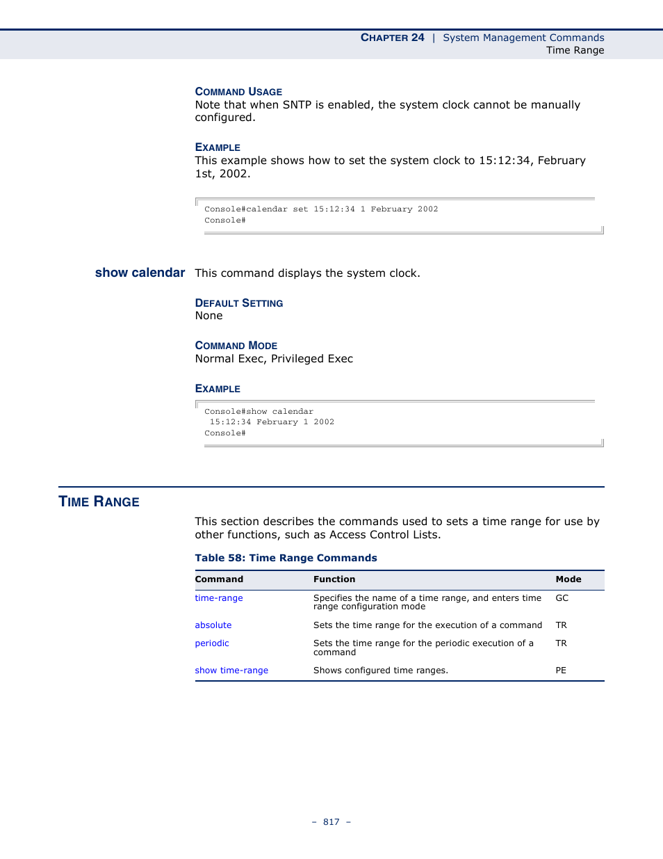 Show calendar, Time range, Table 58: time range commands | LevelOne GTL-2691 User Manual | Page 817 / 1644