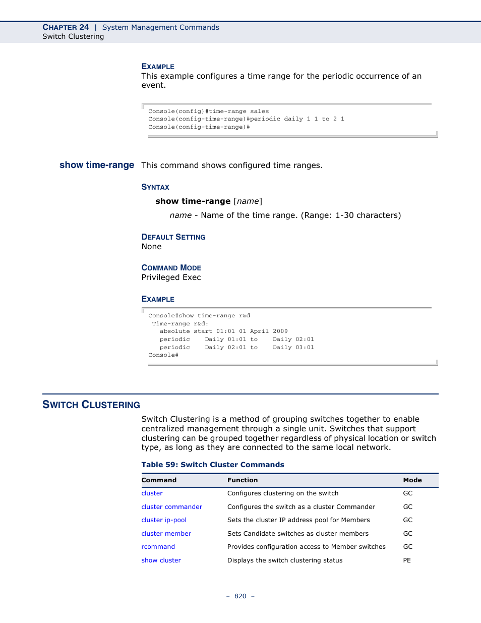 Show time-range, Switch clustering, Table 59: switch cluster commands | LevelOne GTL-2691 User Manual | Page 820 / 1644