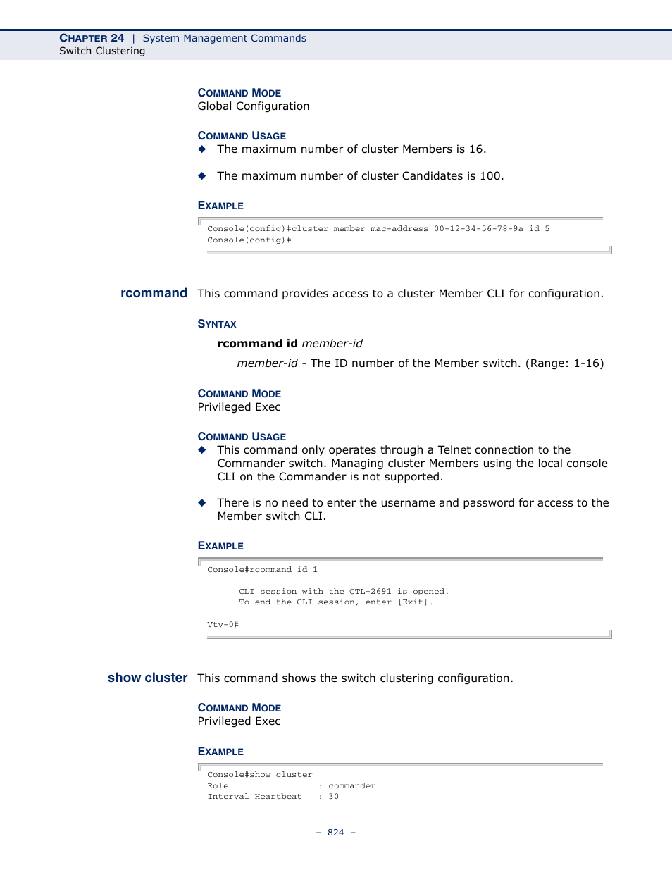 Rcommand, Show cluster, Rcommand 824 show cluster | LevelOne GTL-2691 User Manual | Page 824 / 1644