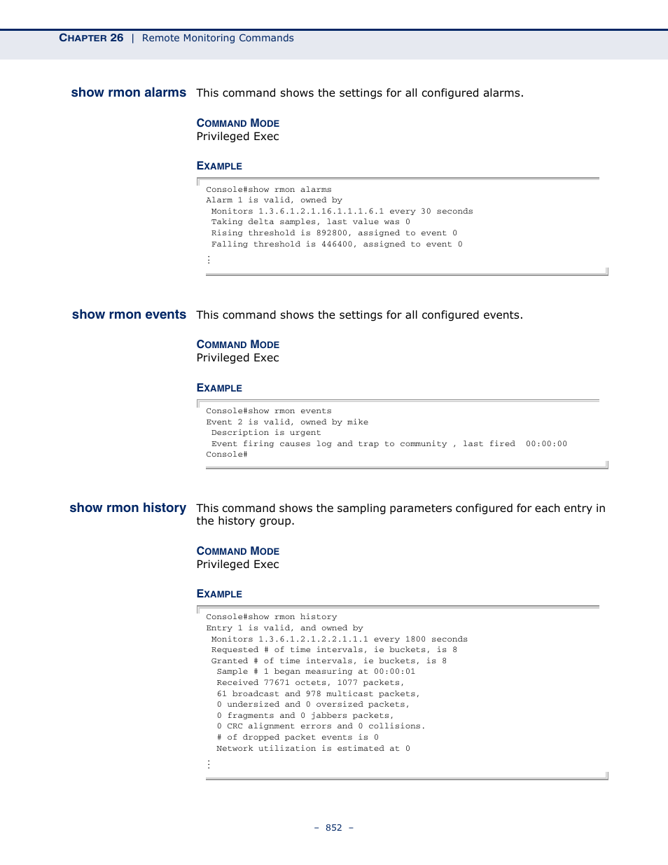 Show rmon alarms, Show rmon events, Show rmon history | LevelOne GTL-2691 User Manual | Page 852 / 1644