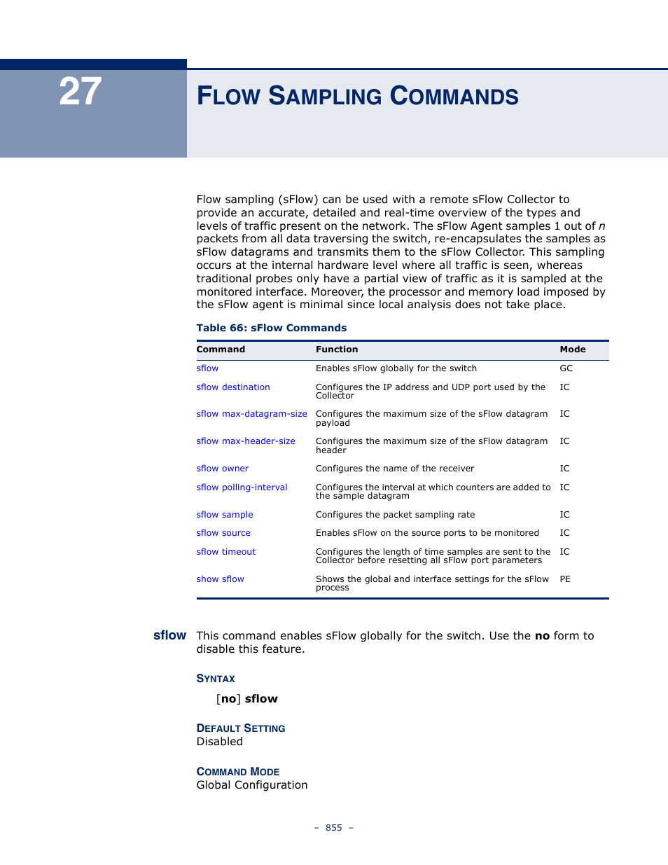Flow sampling commands, Sflow, 27 f | Ampling, Ommands, Sflow 855, Table 66: sflow commands | LevelOne GTL-2691 User Manual | Page 855 / 1644