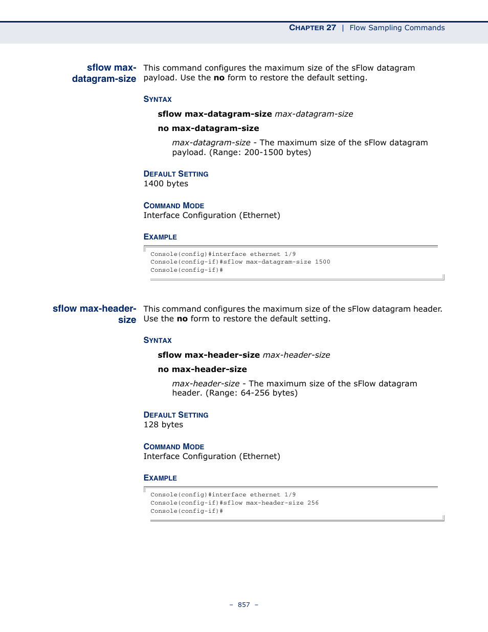 Sflow max- datagram-size, Sflow max-header- size, Sflow max-datagram-size | Sflow max-header-size | LevelOne GTL-2691 User Manual | Page 857 / 1644