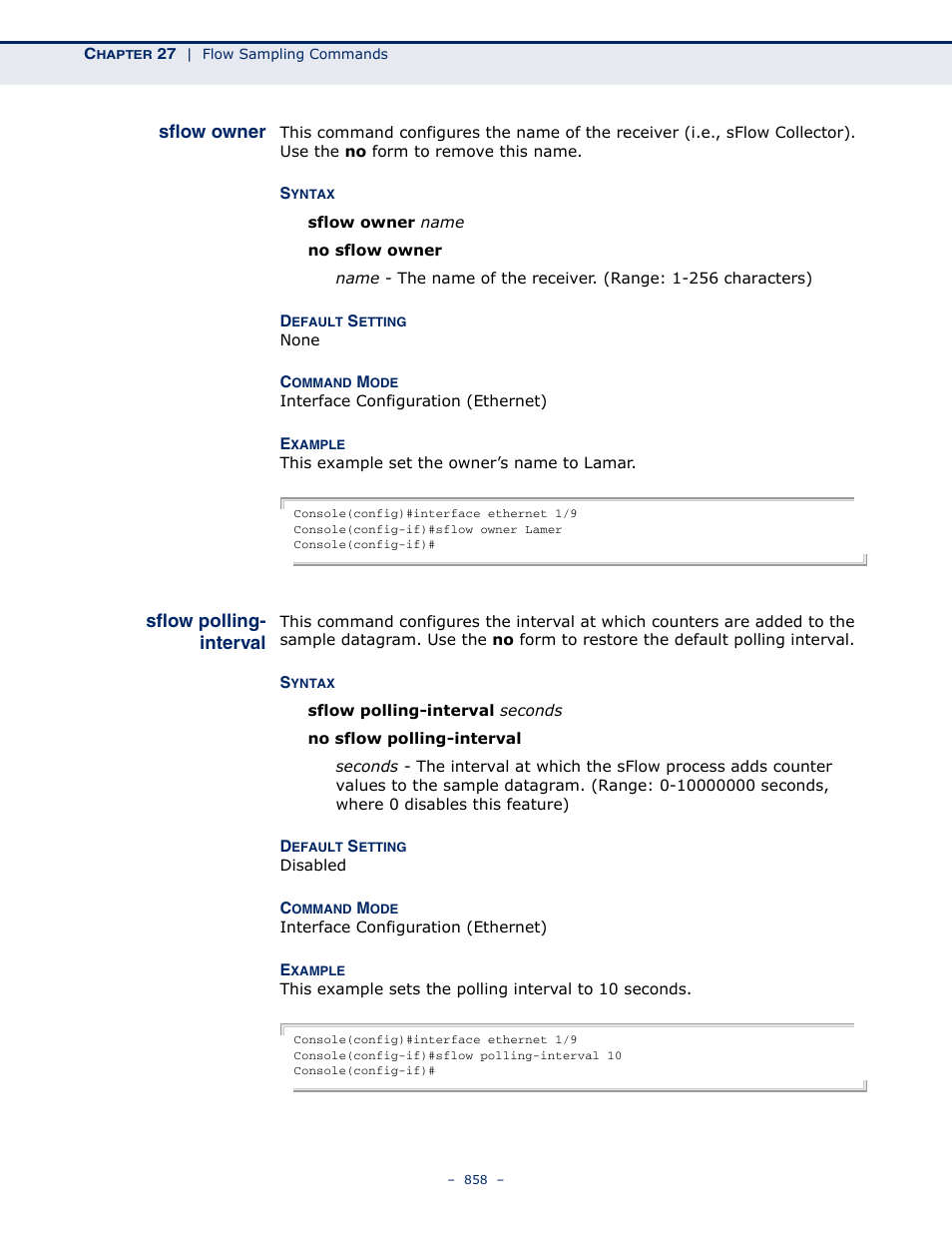 Sflow owner, Sflow polling- interval, Sflow polling-interval | LevelOne GTL-2691 User Manual | Page 858 / 1644