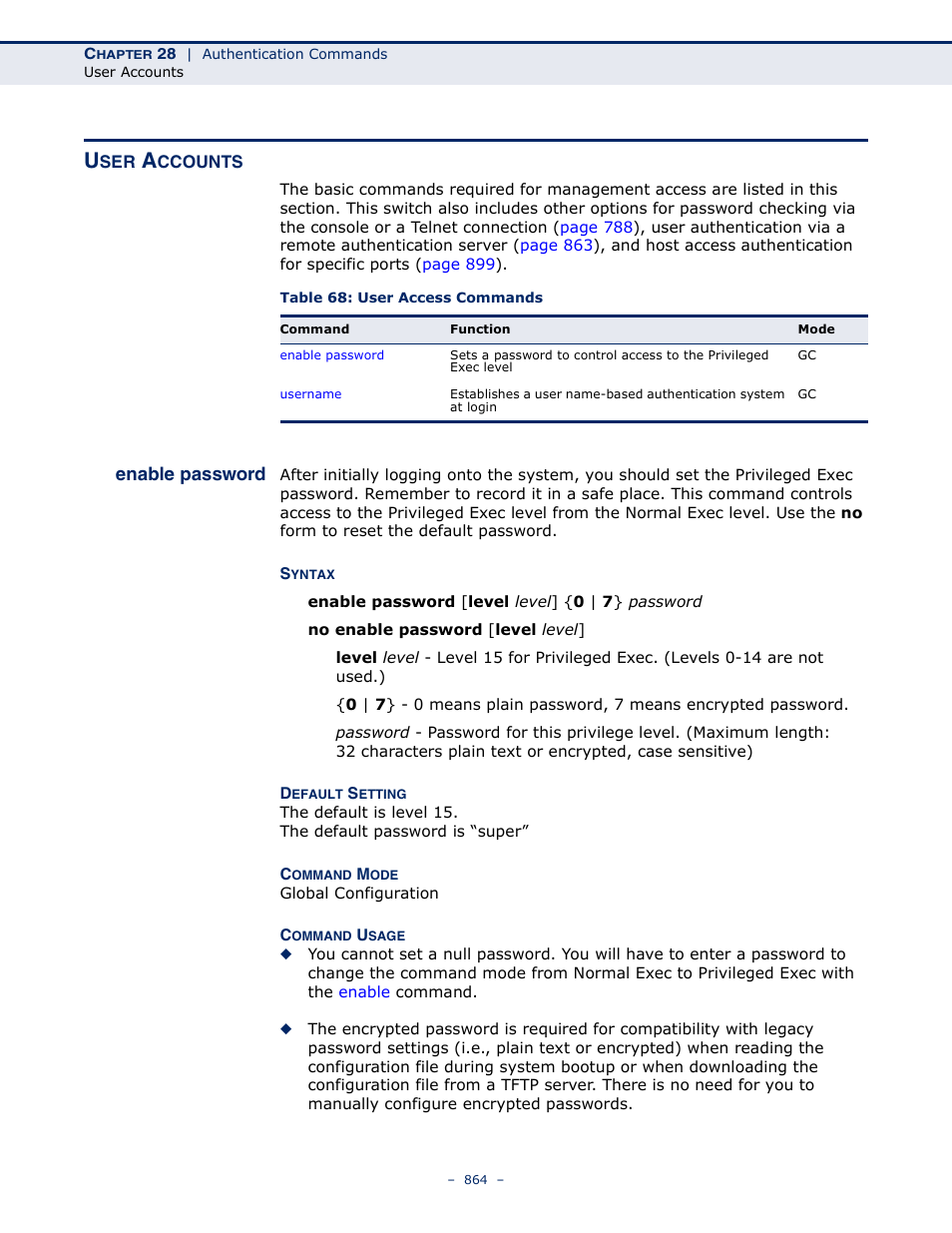 User accounts, Enable password, Table 68: user access commands | LevelOne GTL-2691 User Manual | Page 864 / 1644