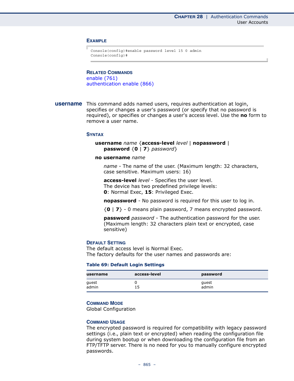 Username, Username 865, Table 69: default login settings | LevelOne GTL-2691 User Manual | Page 865 / 1644