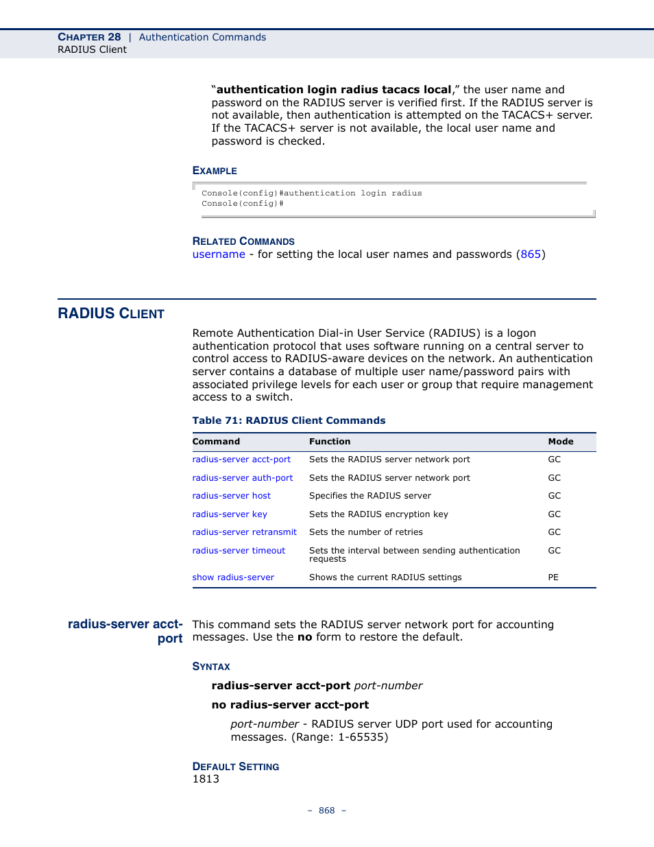 Radius client, Radius-server acct- port, Radius-server acct-port | Table 71: radius client commands, Radius c | LevelOne GTL-2691 User Manual | Page 868 / 1644