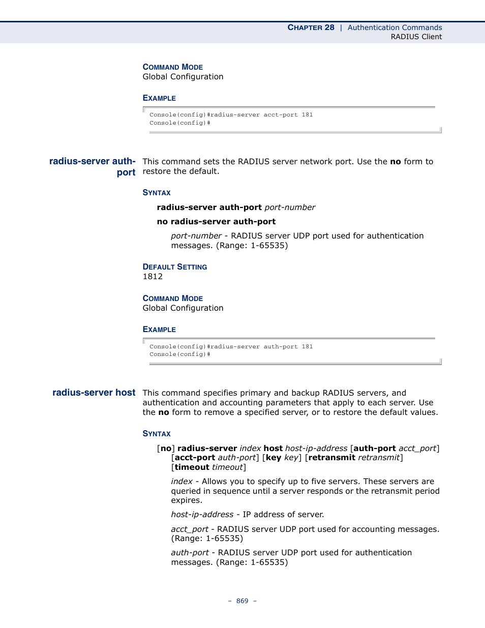 Radius-server auth- port, Radius-server host, Radius-server auth-port | LevelOne GTL-2691 User Manual | Page 869 / 1644