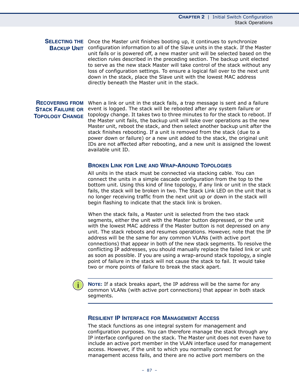 Selecting the backup unit, Recovering from stack failure or topology change, Broken link for line and wrap-around topologies | Resilient ip interface for management access | LevelOne GTL-2691 User Manual | Page 87 / 1644