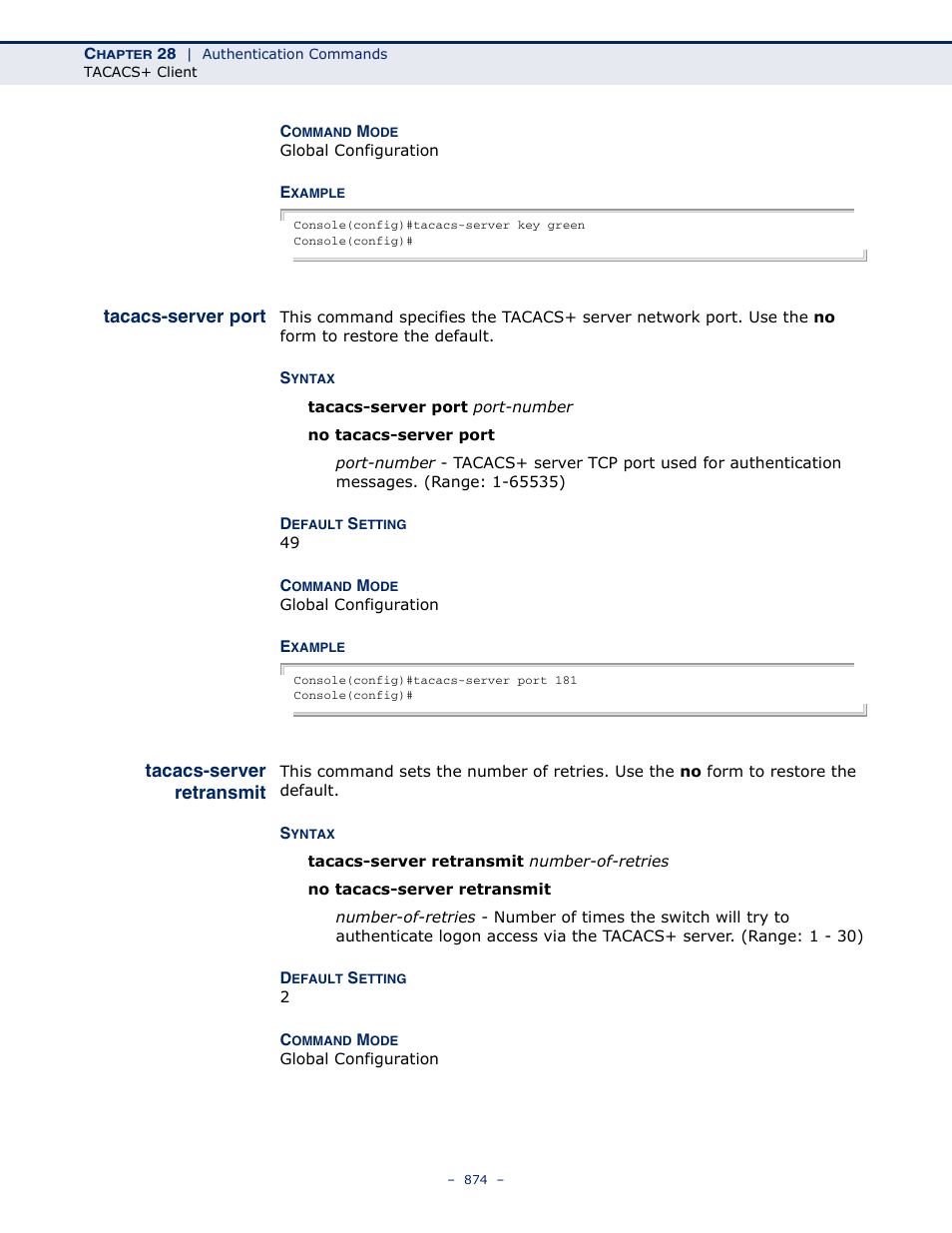 Tacacs-server port, Tacacs-server retransmit | LevelOne GTL-2691 User Manual | Page 874 / 1644