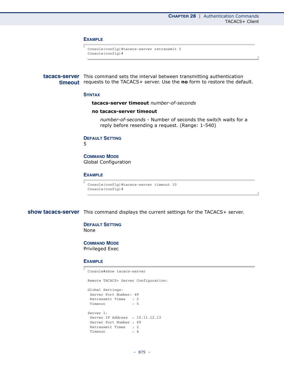 Tacacs-server timeout, Show tacacs-server | LevelOne GTL-2691 User Manual | Page 875 / 1644