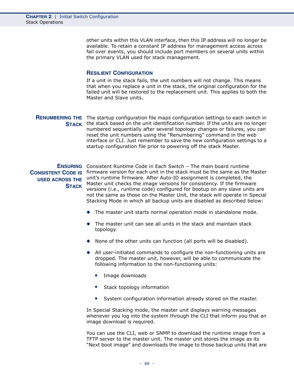 Resilient configuration, Renumbering the stack, Ensuring consistent code is used across the stack | LevelOne GTL-2691 User Manual | Page 88 / 1644