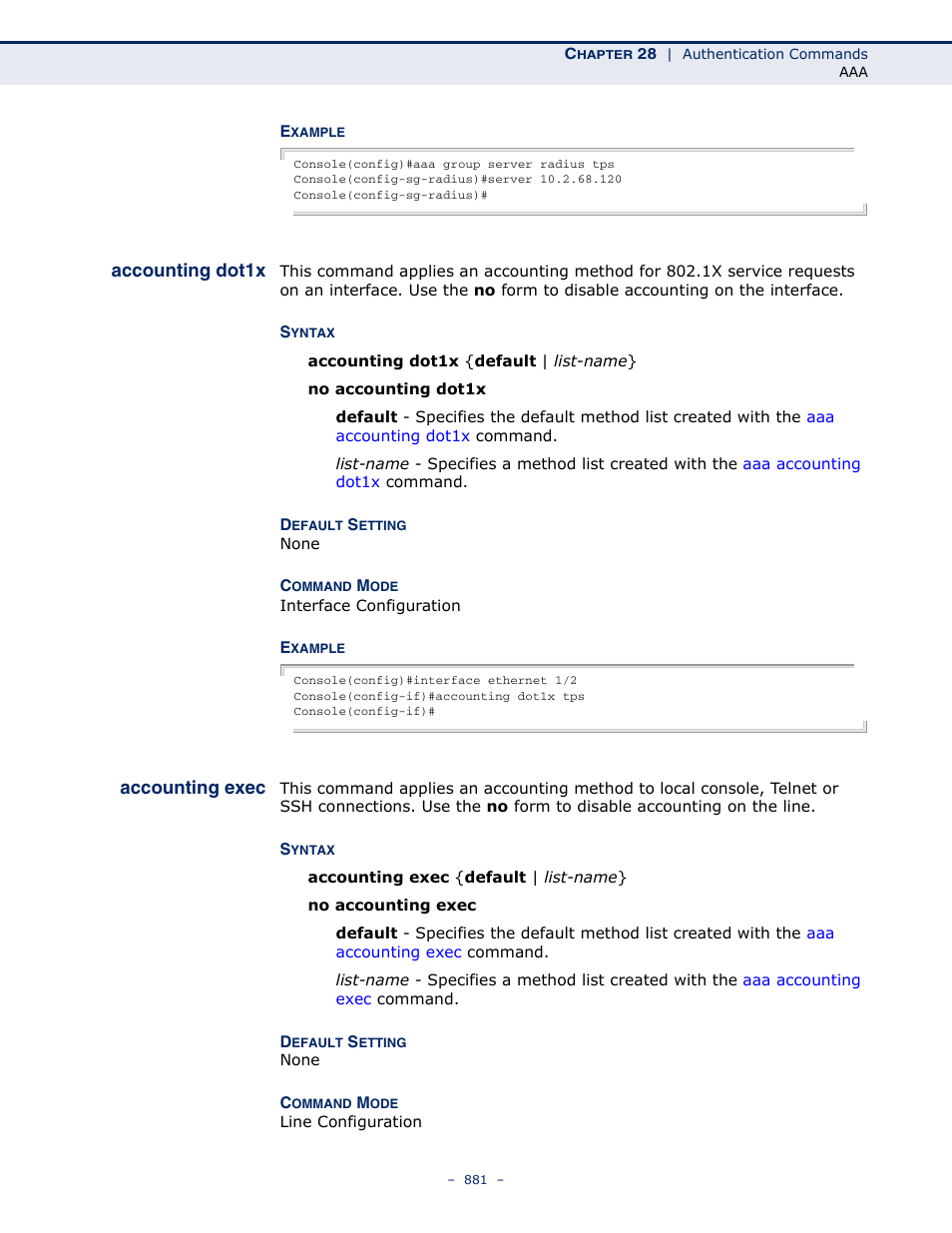 Accounting dot1x, Accounting exec | LevelOne GTL-2691 User Manual | Page 881 / 1644