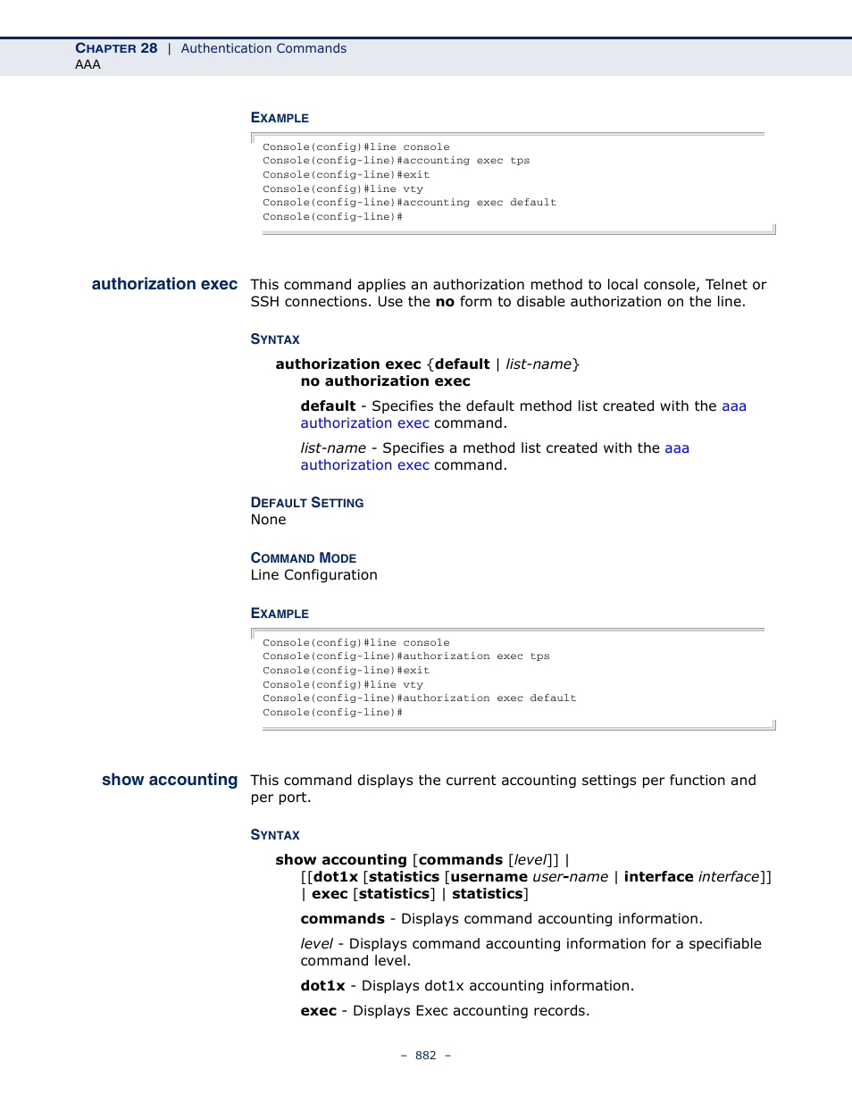 Authorization exec, Show accounting | LevelOne GTL-2691 User Manual | Page 882 / 1644