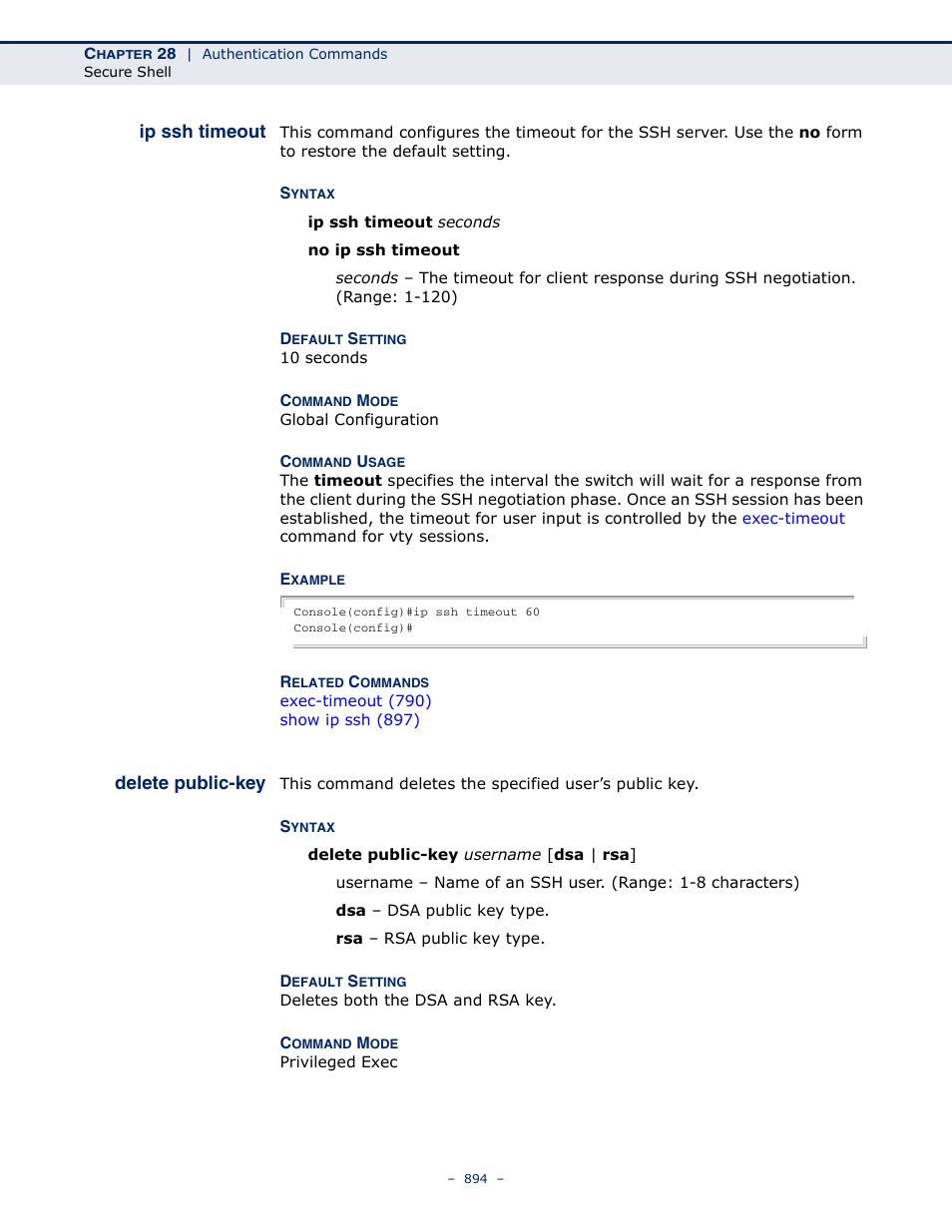 Ip ssh timeout, Delete public-key | LevelOne GTL-2691 User Manual | Page 894 / 1644