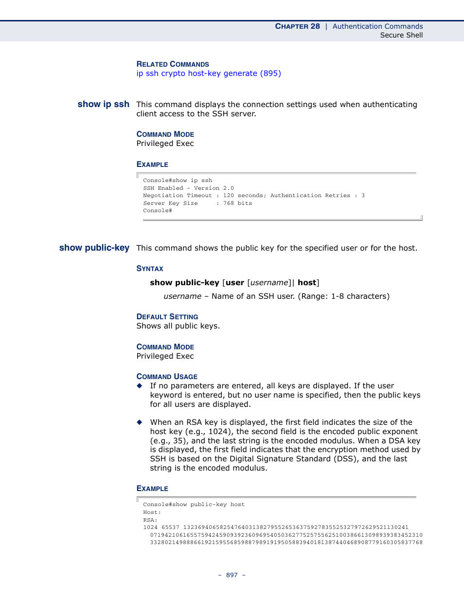 Show ip ssh, Show public-key, Show ip ssh (897) | LevelOne GTL-2691 User Manual | Page 897 / 1644