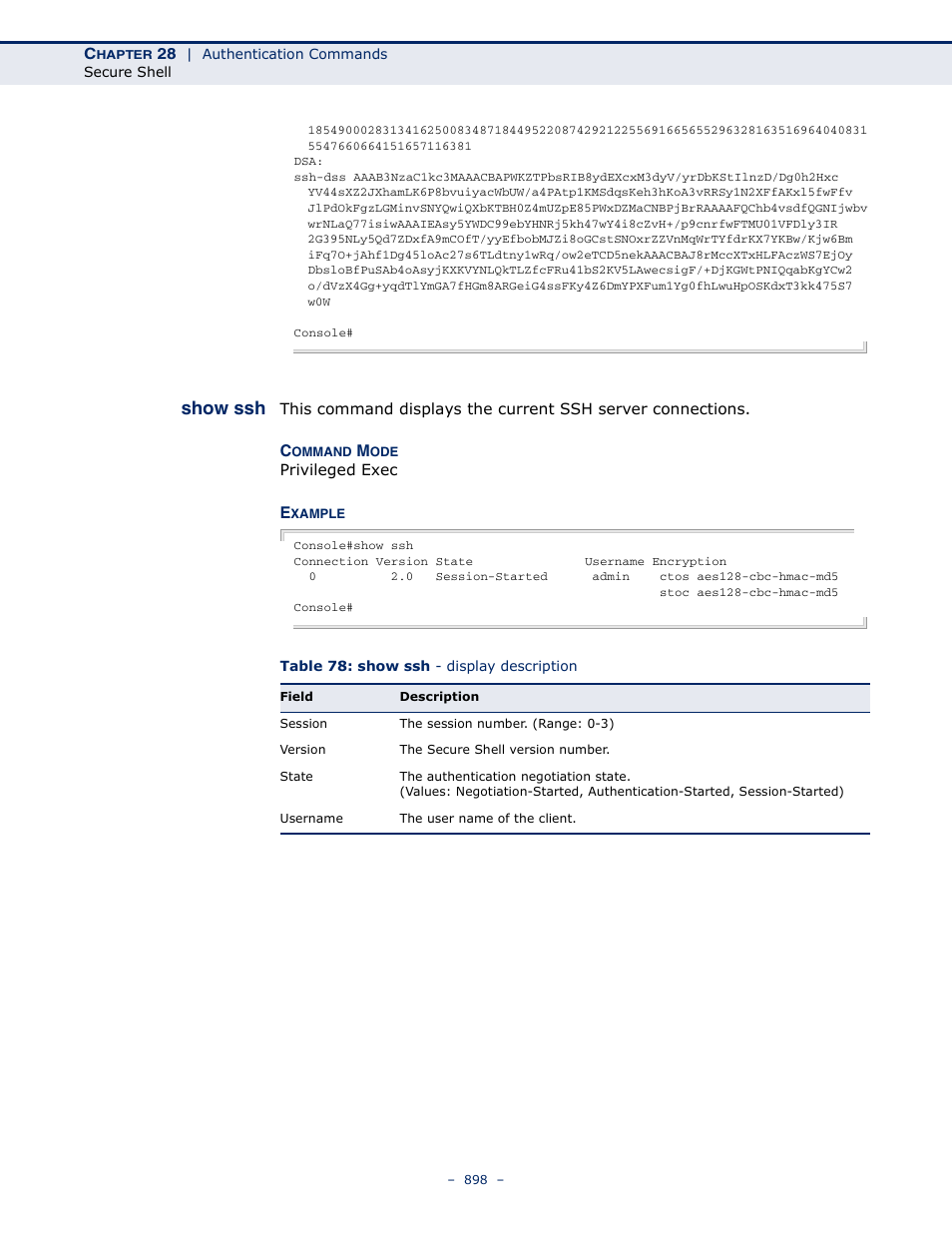 Show ssh, Table 78: show ssh - display description | LevelOne GTL-2691 User Manual | Page 898 / 1644