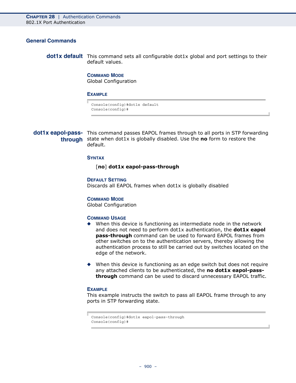 General commands, Dot1x default, Dot1x eapol-pass- through | Dot1x eapol-pass-through | LevelOne GTL-2691 User Manual | Page 900 / 1644
