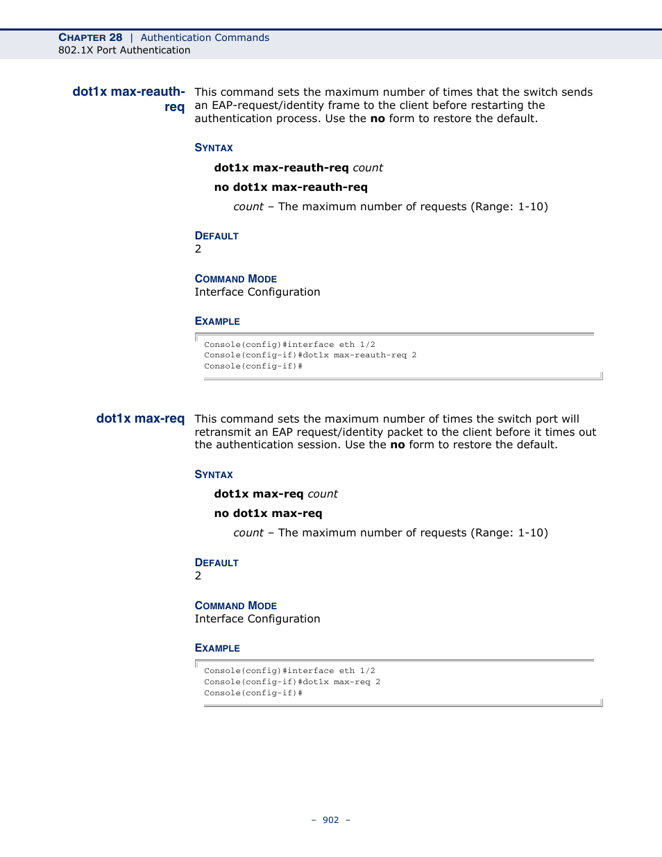 Dot1x max-reauth- req, Dot1x max-req, Dot1x max-reauth-req | LevelOne GTL-2691 User Manual | Page 902 / 1644