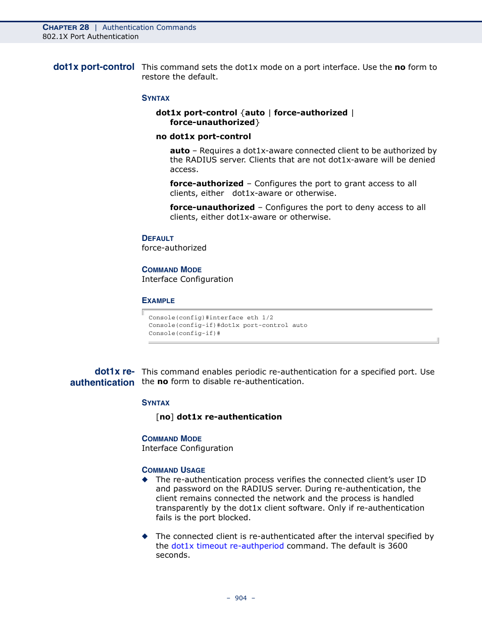 Dot1x port-control, Dot1x re- authentication, Dot1x re-authentication | LevelOne GTL-2691 User Manual | Page 904 / 1644