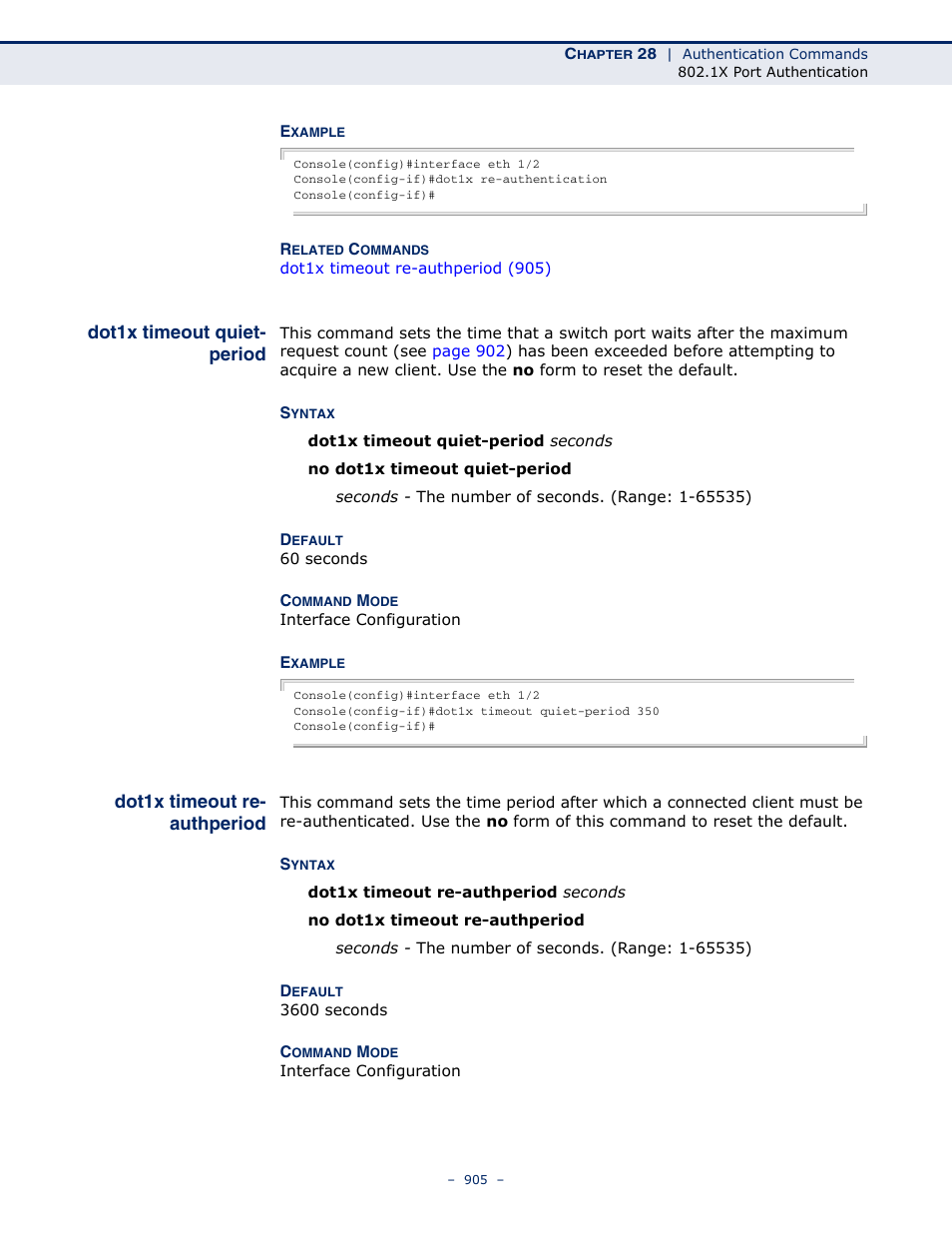 Dot1x timeout quiet- period, Dot1x timeout re- authperiod, Dot1x timeout quiet-period | Dot1x timeout re-authperiod, Dot1x timeout re, Authperiod | LevelOne GTL-2691 User Manual | Page 905 / 1644