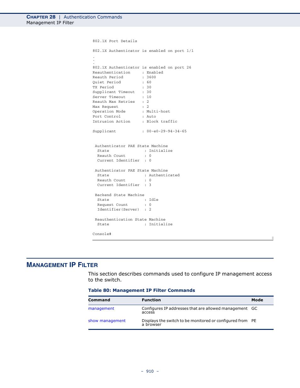 Management ip filter, Table 80: management ip filter commands, Ip f | Anagement, Ilter | LevelOne GTL-2691 User Manual | Page 910 / 1644