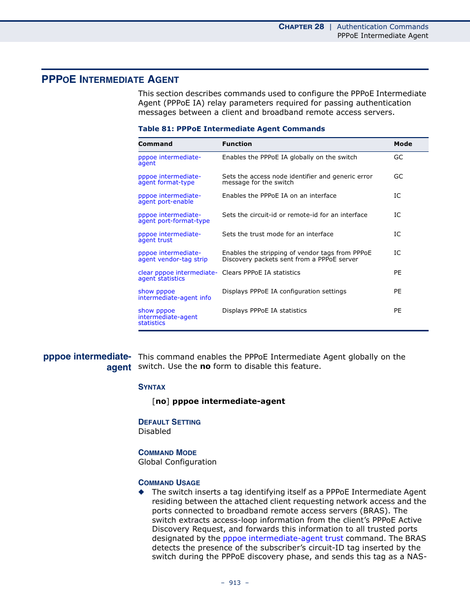 Pppoe intermediate agent, Pppoe intermediate- agent, Pppoe intermediate-agent | Table 81: pppoe intermediate agent commands, Pppoe intermediate, Agent | LevelOne GTL-2691 User Manual | Page 913 / 1644