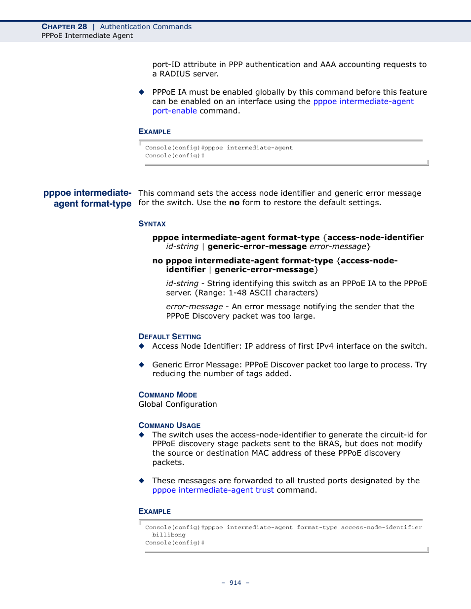 Pppoe intermediate- agent format-type, Pppoe intermediate-agent format-type, Pppoe intermediate | Agent format-type | LevelOne GTL-2691 User Manual | Page 914 / 1644