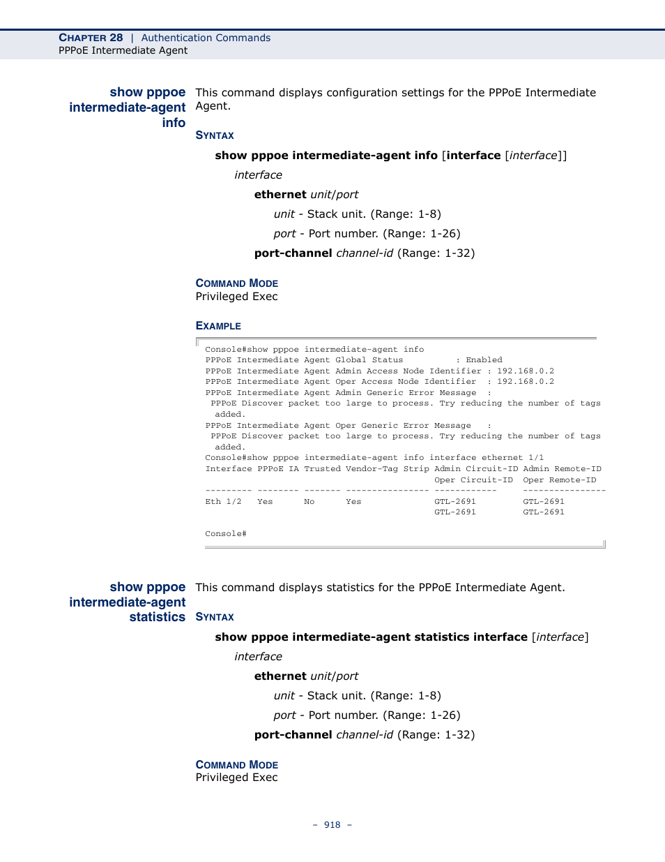 Show pppoe intermediate-agent info, Show pppoe intermediate-agent statistics, Show pppoe | Intermediate-agent info, Intermediate-agent, Statistics | LevelOne GTL-2691 User Manual | Page 918 / 1644