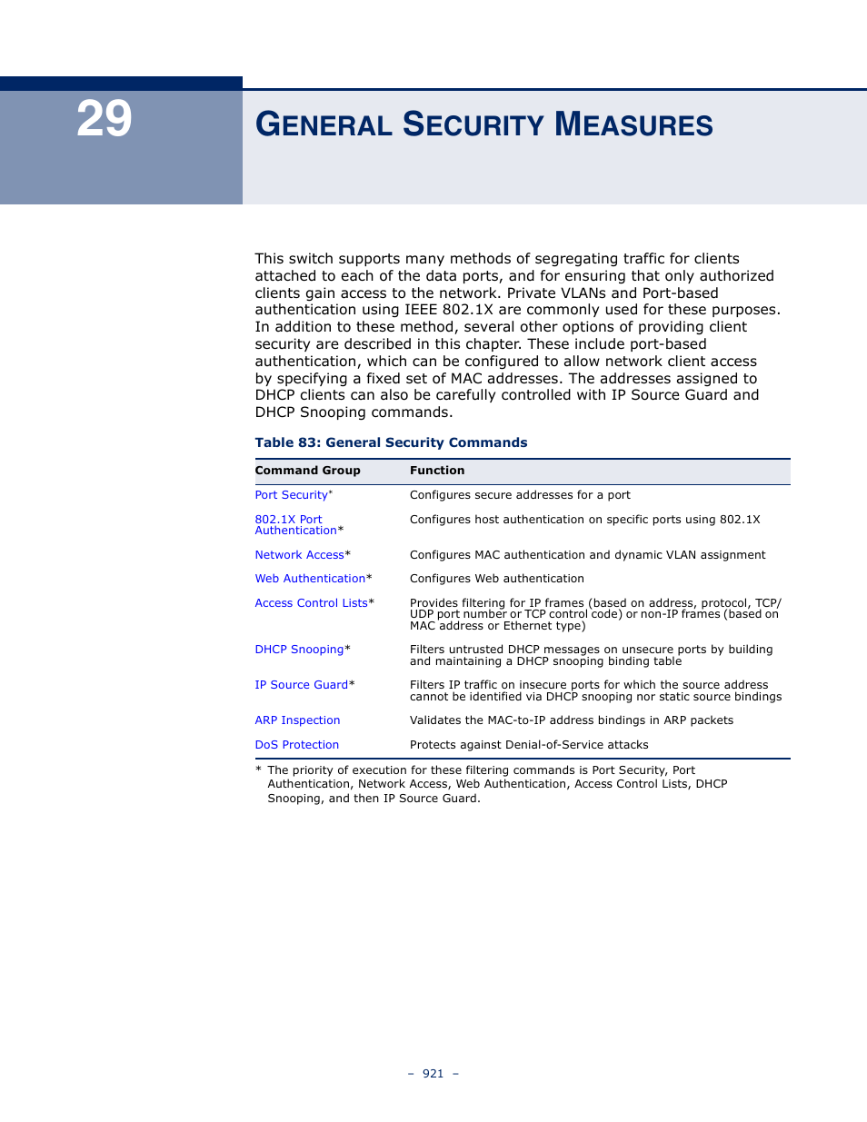 General security measures, 29 g, Eneral | Ecurity, Easures, Table 83: general security commands, General security measures" on | LevelOne GTL-2691 User Manual | Page 921 / 1644