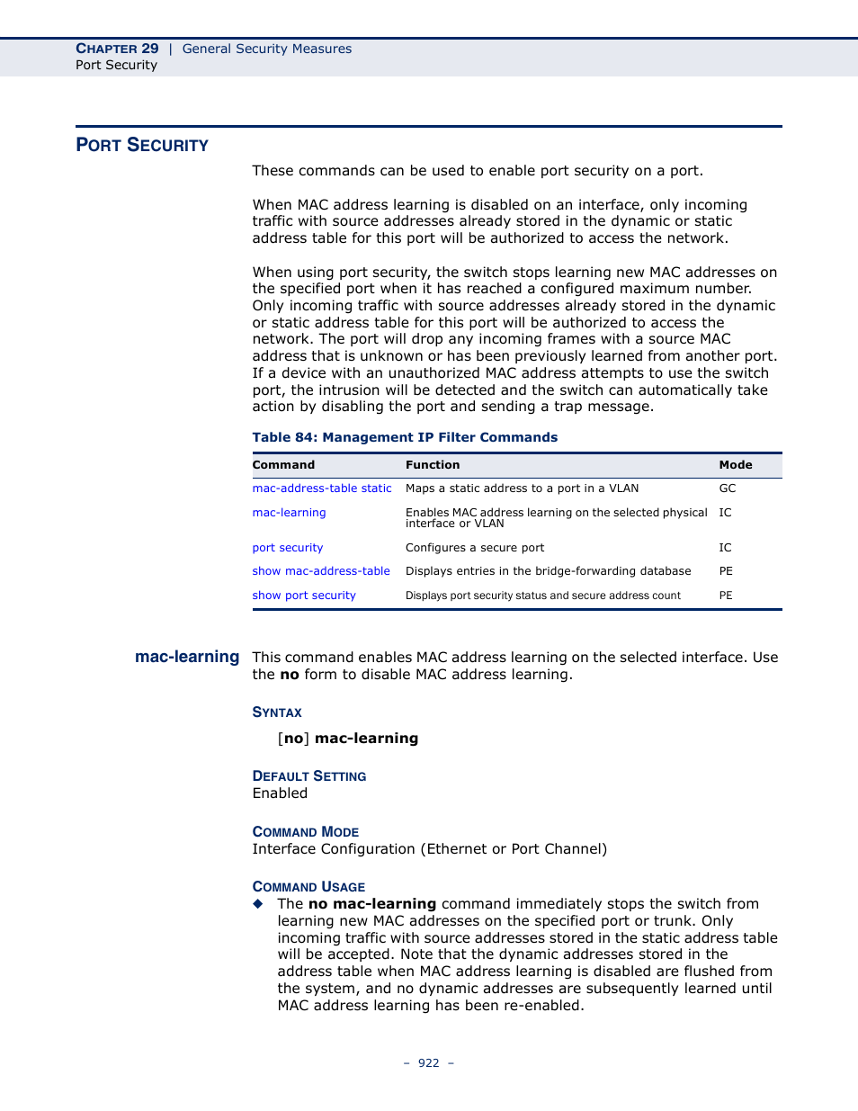 Port security, Mac-learning, Mac-learning 922 | Table 84: management ip filter commands | LevelOne GTL-2691 User Manual | Page 922 / 1644