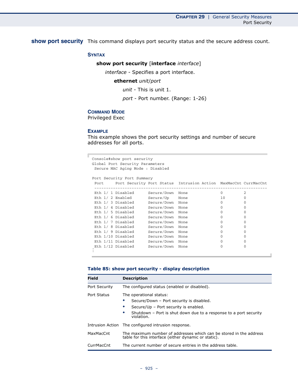 Show port security, Table 85: show port security - display description | LevelOne GTL-2691 User Manual | Page 925 / 1644