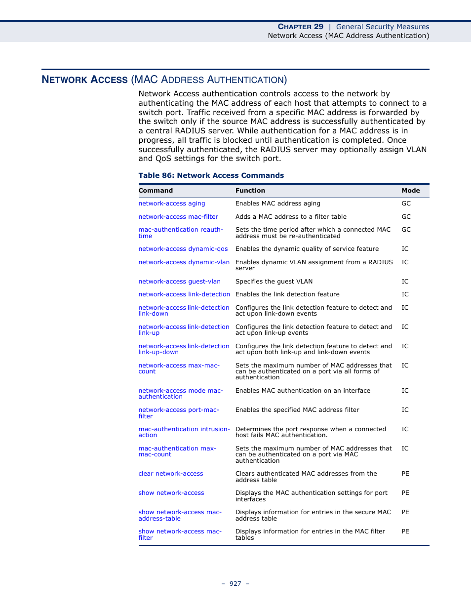 Network access (mac address authentication), Table 86: network access commands, Network access | Mac a, Etwork, Ccess, Ddress, Uthentication | LevelOne GTL-2691 User Manual | Page 927 / 1644