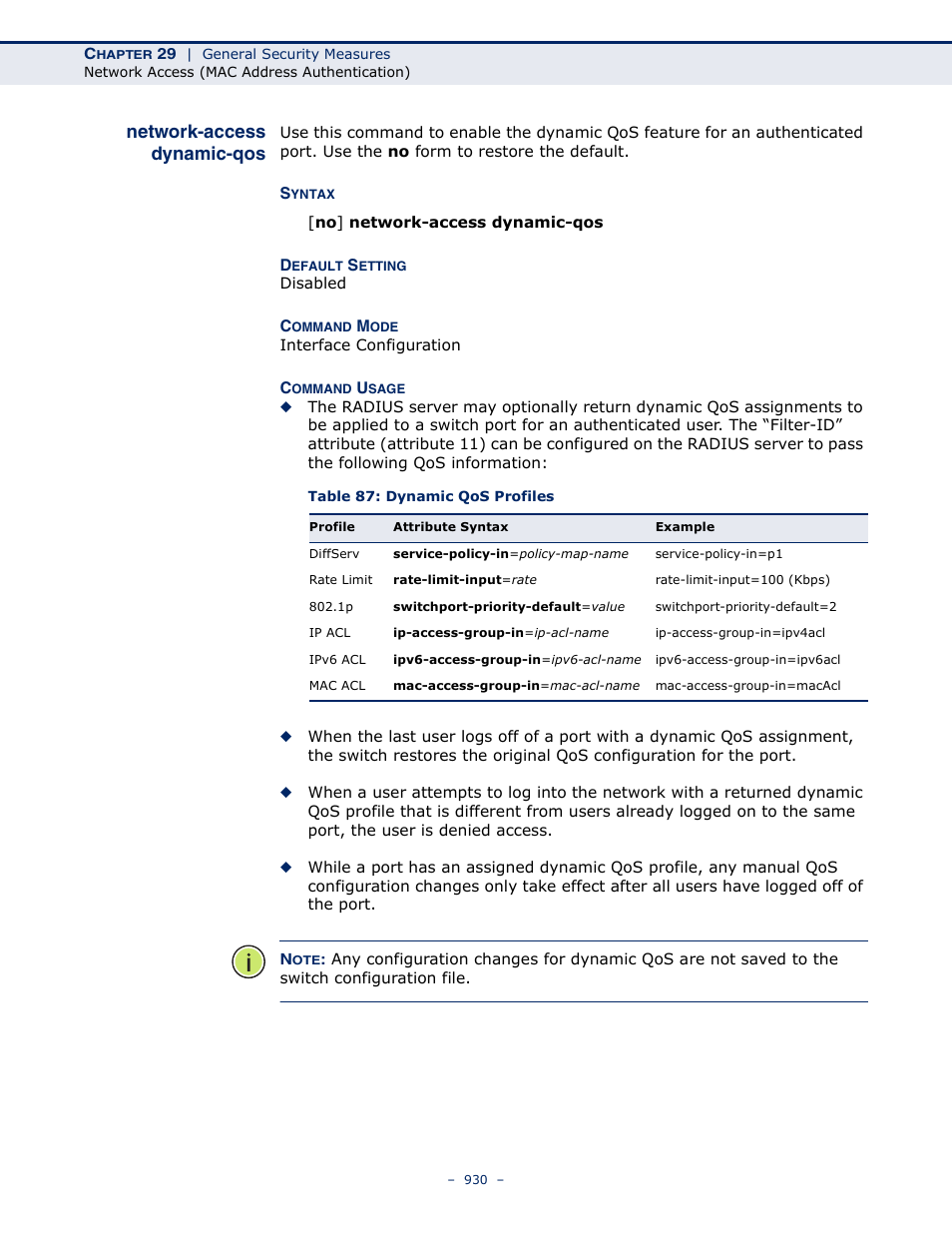 Network-access dynamic-qos, Table 87: dynamic qos profiles | LevelOne GTL-2691 User Manual | Page 930 / 1644