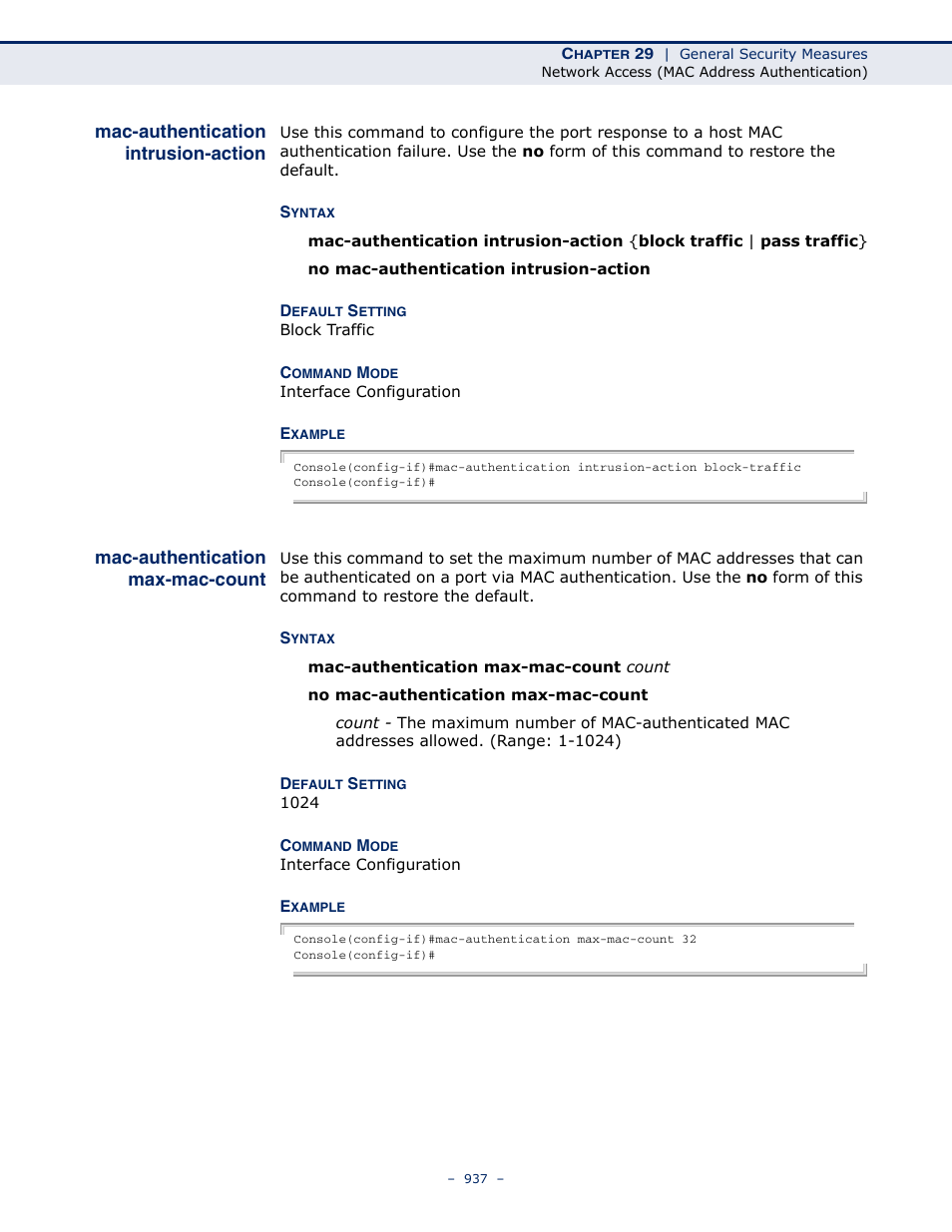 Mac-authentication intrusion-action, Mac-authentication max-mac-count, Mac-authentication intrusion | Action, Mac-authentication max, Mac-count | LevelOne GTL-2691 User Manual | Page 937 / 1644