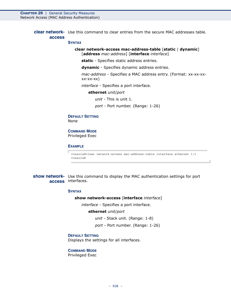 Clear network- access, Show network- access, Clear network-access | Show network-access | LevelOne GTL-2691 User Manual | Page 938 / 1644