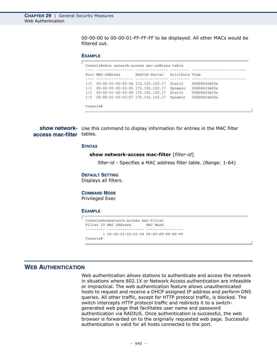 Show network- access mac-filter, Web authentication, Show network-access mac-filter | Show network-access mac, Filter | LevelOne GTL-2691 User Manual | Page 940 / 1644