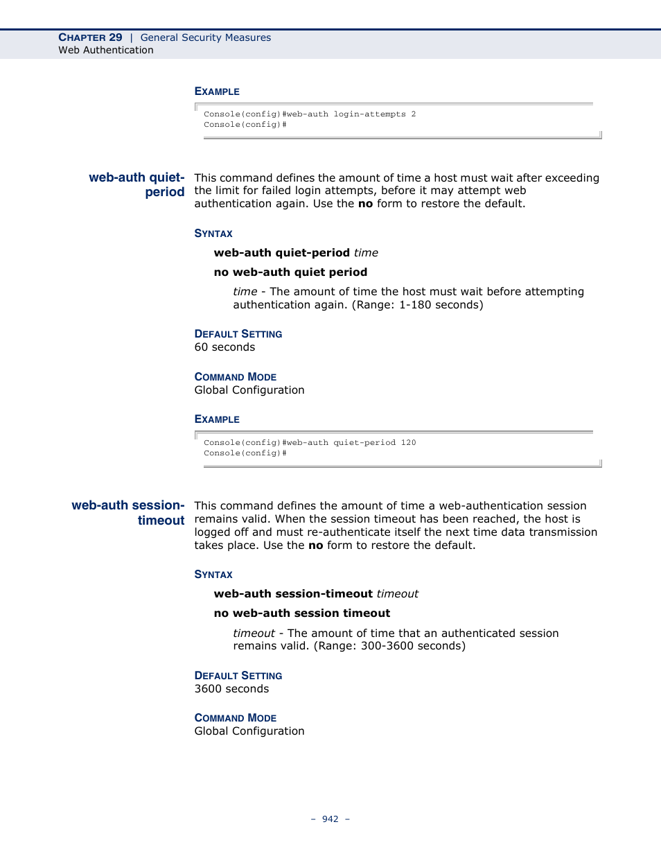 Web-auth quiet- period, Web-auth session- timeout, Web-auth quiet-period | Web-auth session-timeout | LevelOne GTL-2691 User Manual | Page 942 / 1644