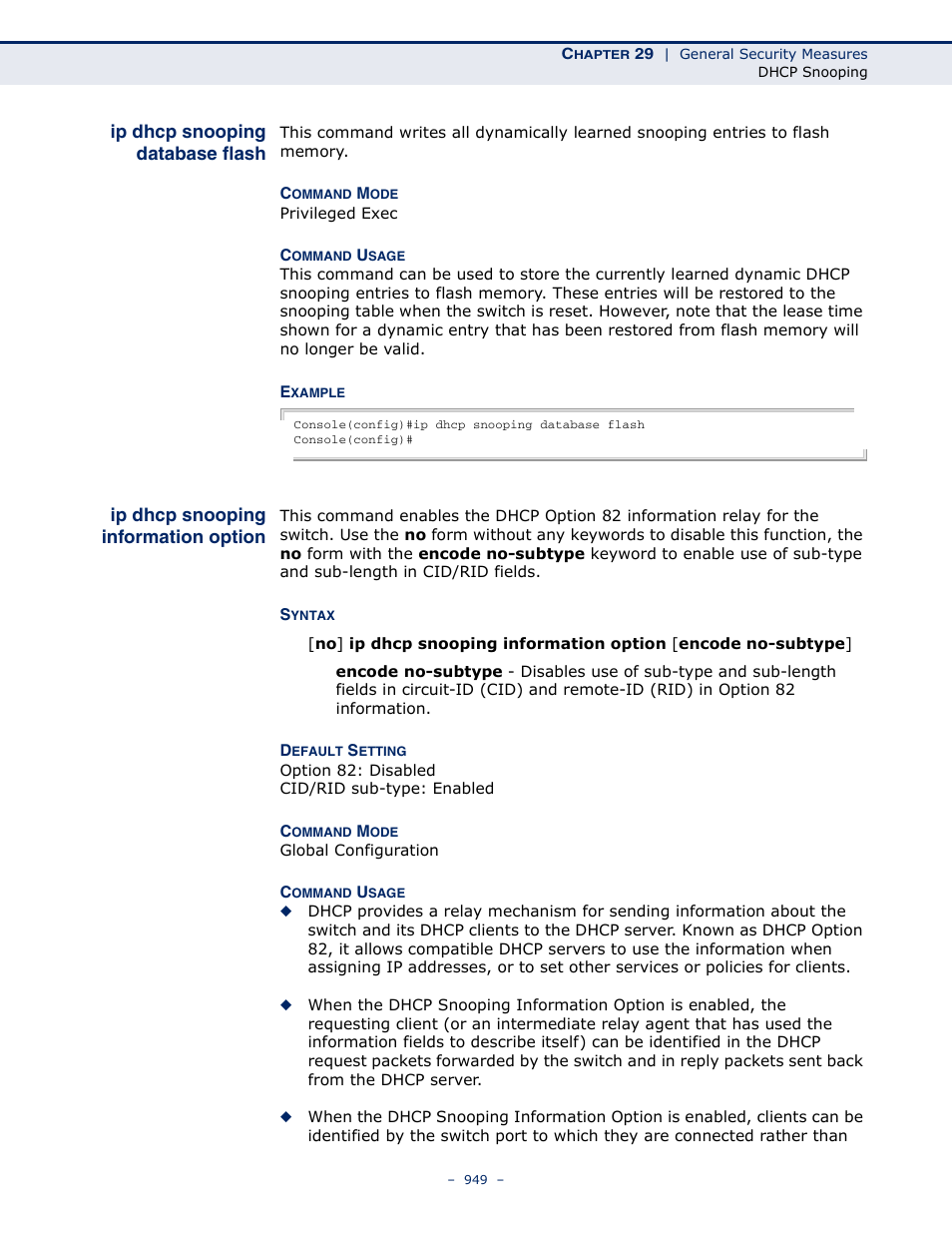 Ip dhcp snooping database flash, Ip dhcp snooping information option, Ip dhcp snooping database | Flash, Ip dhcp snooping, Information option | LevelOne GTL-2691 User Manual | Page 949 / 1644