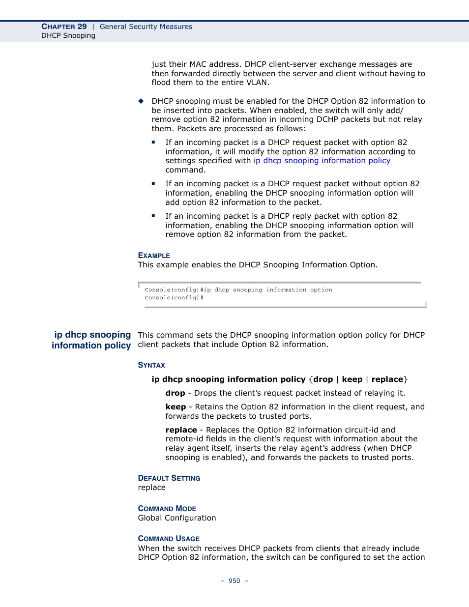 Ip dhcp snooping information policy, Ip dhcp snooping, Information policy | LevelOne GTL-2691 User Manual | Page 950 / 1644