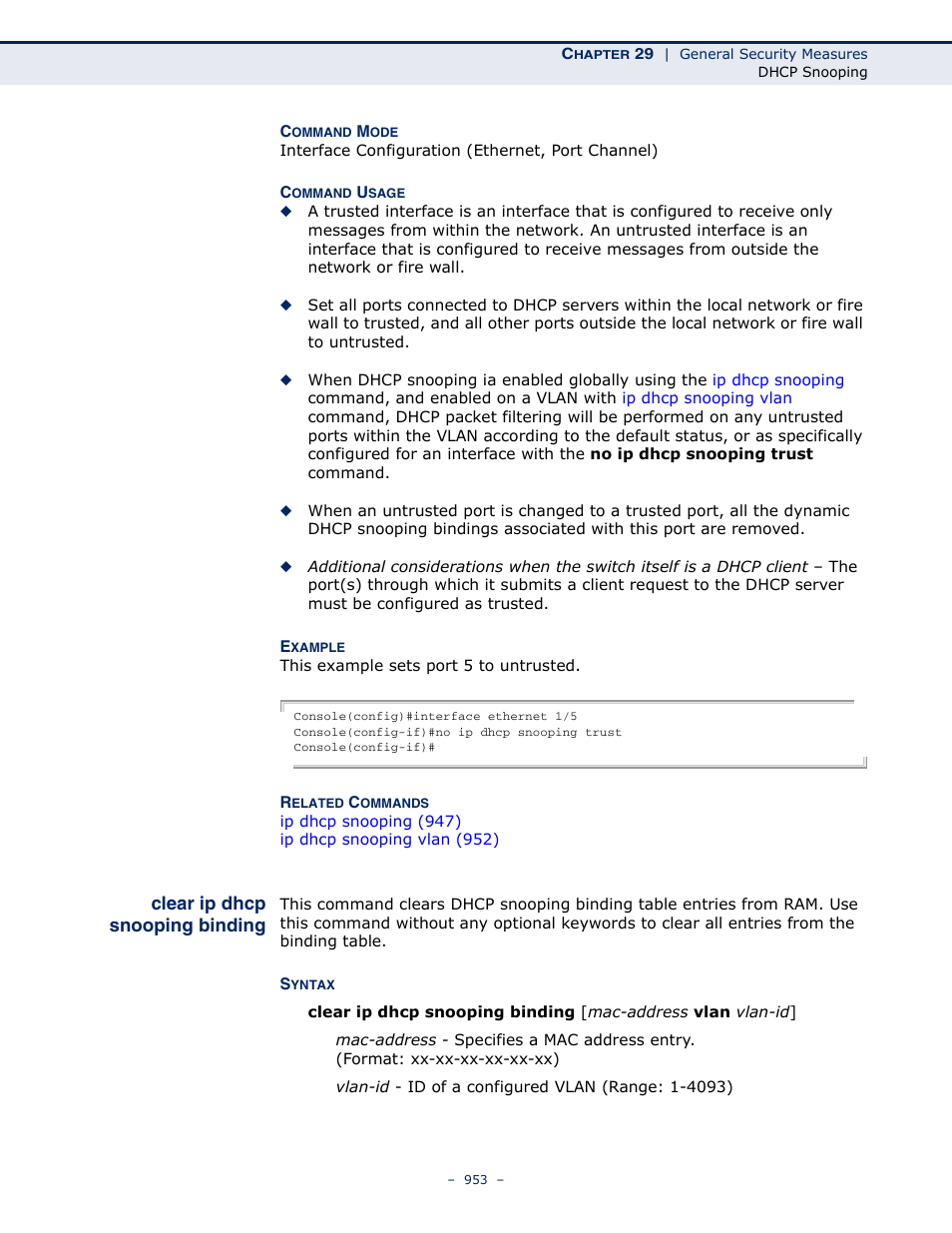 Clear ip dhcp snooping binding, Clear ip dhcp snooping, Binding | LevelOne GTL-2691 User Manual | Page 953 / 1644