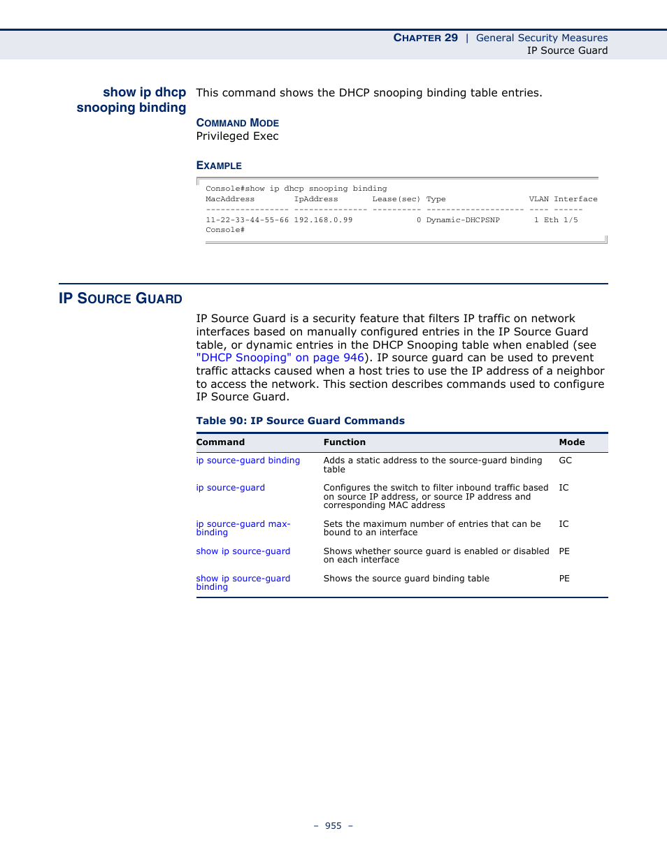 Show ip dhcp snooping binding, Ip source guard, Table 90: ip source guard commands | Show ip dhcp snooping, Binding, Ip s | LevelOne GTL-2691 User Manual | Page 955 / 1644